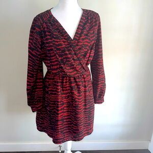 Aqua Red and Black V-Neck Bishop Sleeve dress with animal print design